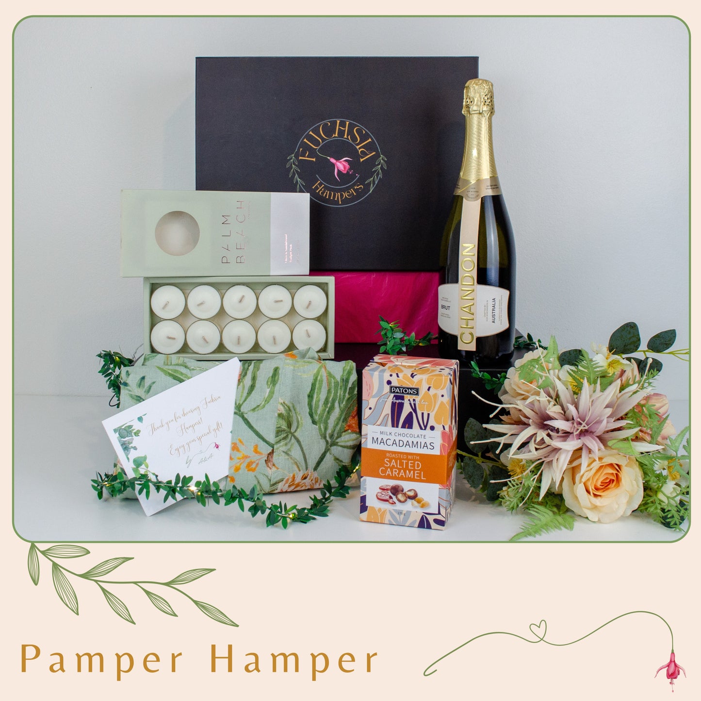 Blissful Bath Pamper Hamper with Chandon Brut Rosé, Palm Beach Tealight Pack, Markella Linen Cotton Kimono, and Patons Milk Chocolate Macadamias.