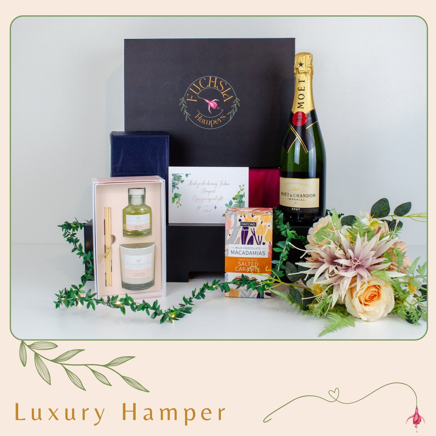 Elegance Hamper for Her – Moët & Chandon, Palm Beach Candle & Diffuser, and Milk Chocolate Macadamias with Salted Caramel.