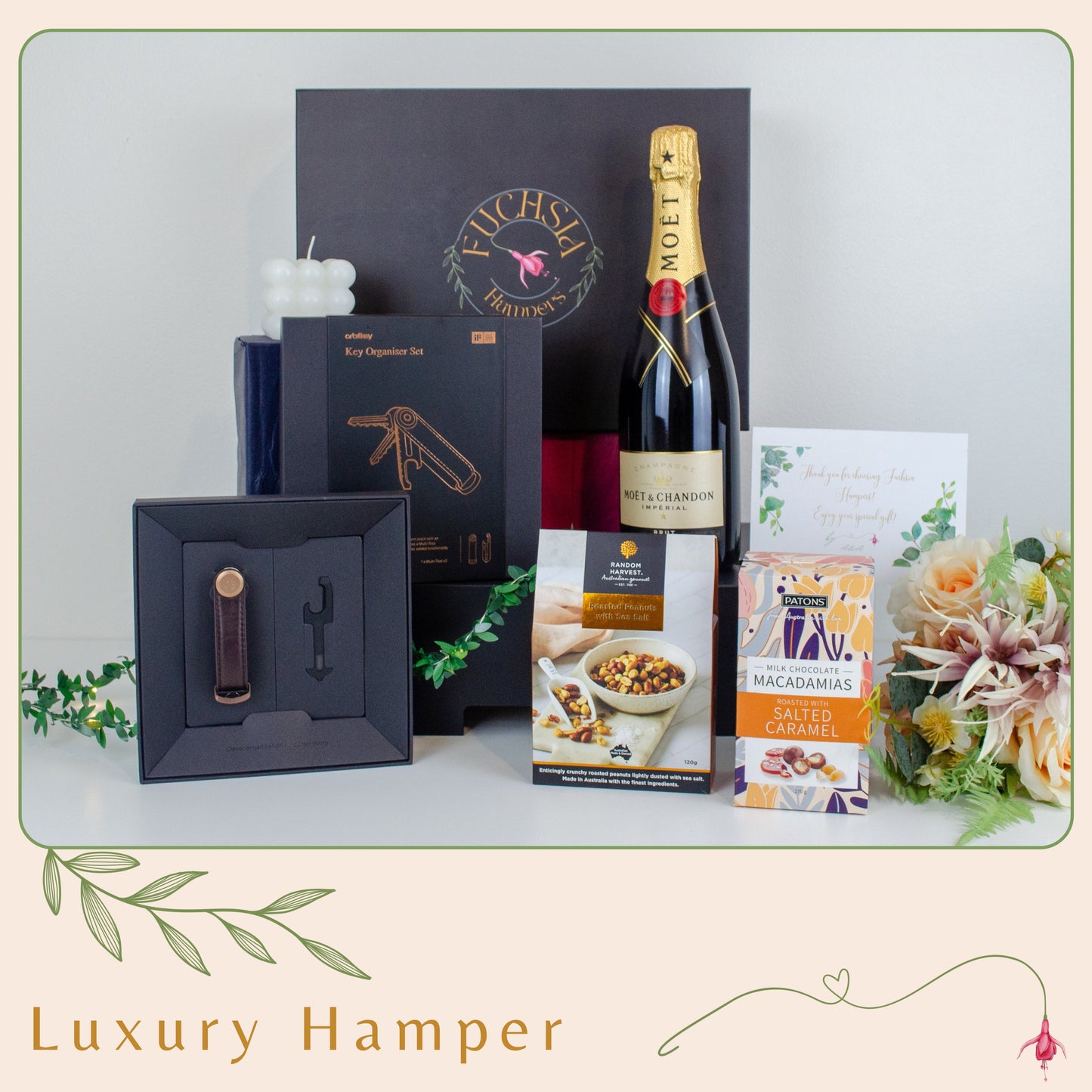 Elegance Hamper for Him – Moët & Chandon, Orbitkey Key Organiser Set, Bubble Candle, Roasted Peanuts, and Patons Milk Chocolate Macadamias.