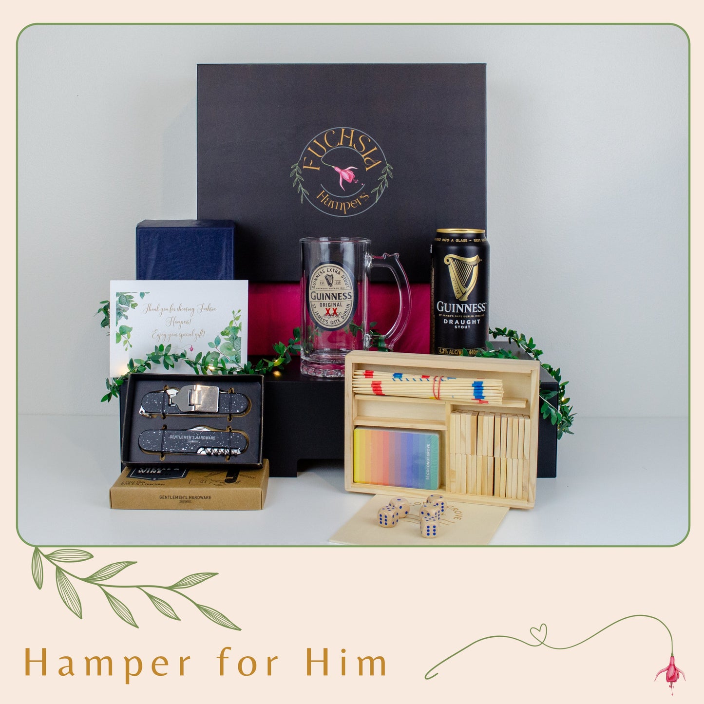 The perfect gift for him! Includes Guinness Beer, a glass tankard, a cheese & wine tool, and a fun travel game. A thoughtful hamper for any occasion.