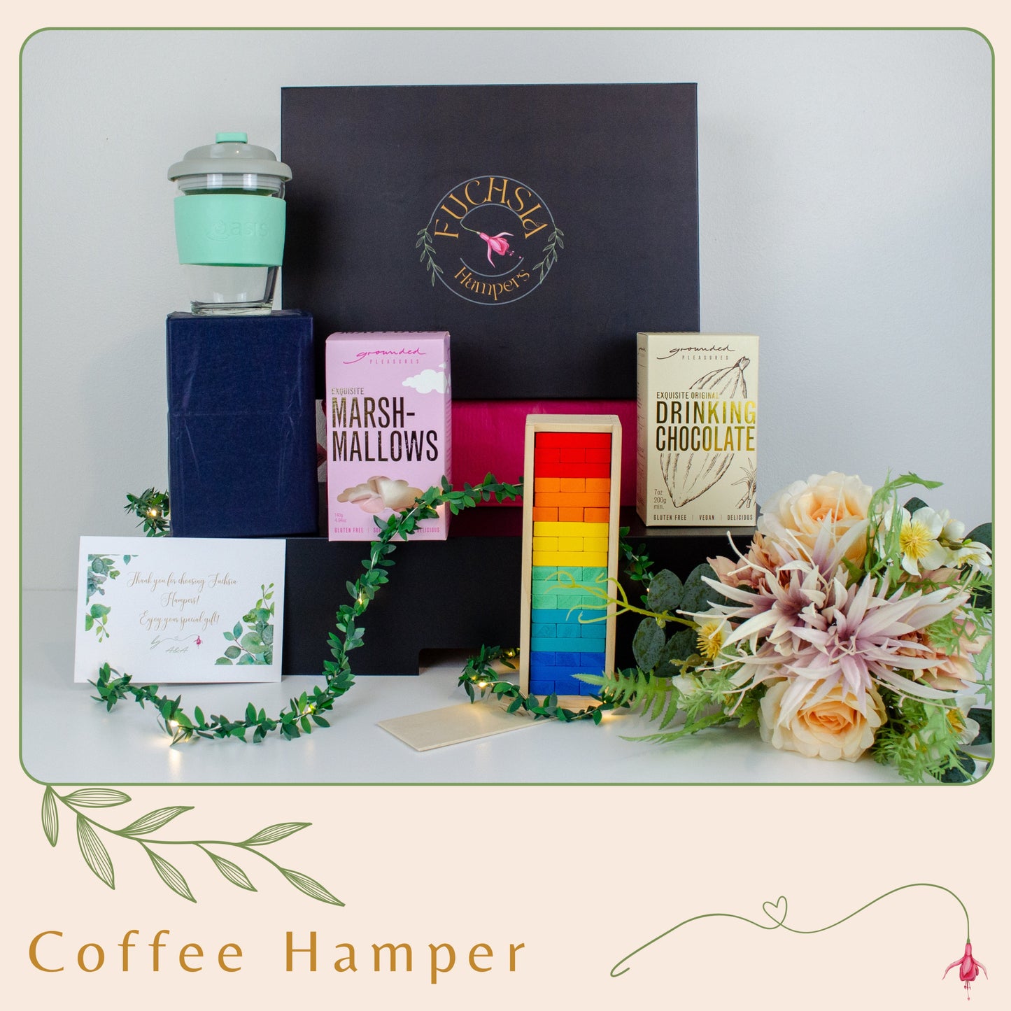 A perfect hamper gift! Includes a reusable eco cup, gourmet drinking chocolate, marshmallows & a travel game.