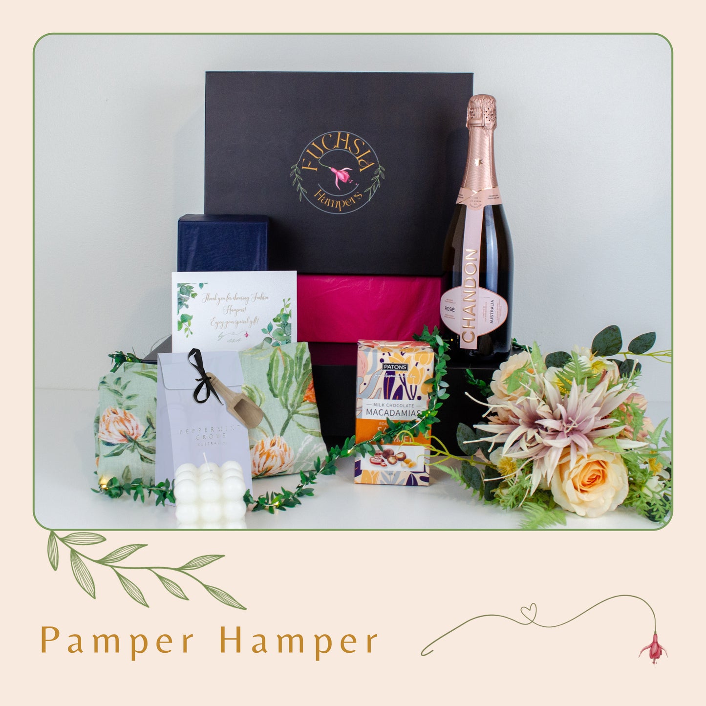 Luxury Pamper Hamper with Chandon Brut Rosé, Markella Linen Cotton Kimono, Peppermint Grove Bath Salts, Patons Milk Chocolate Macadamias, and a Bubble Candle.