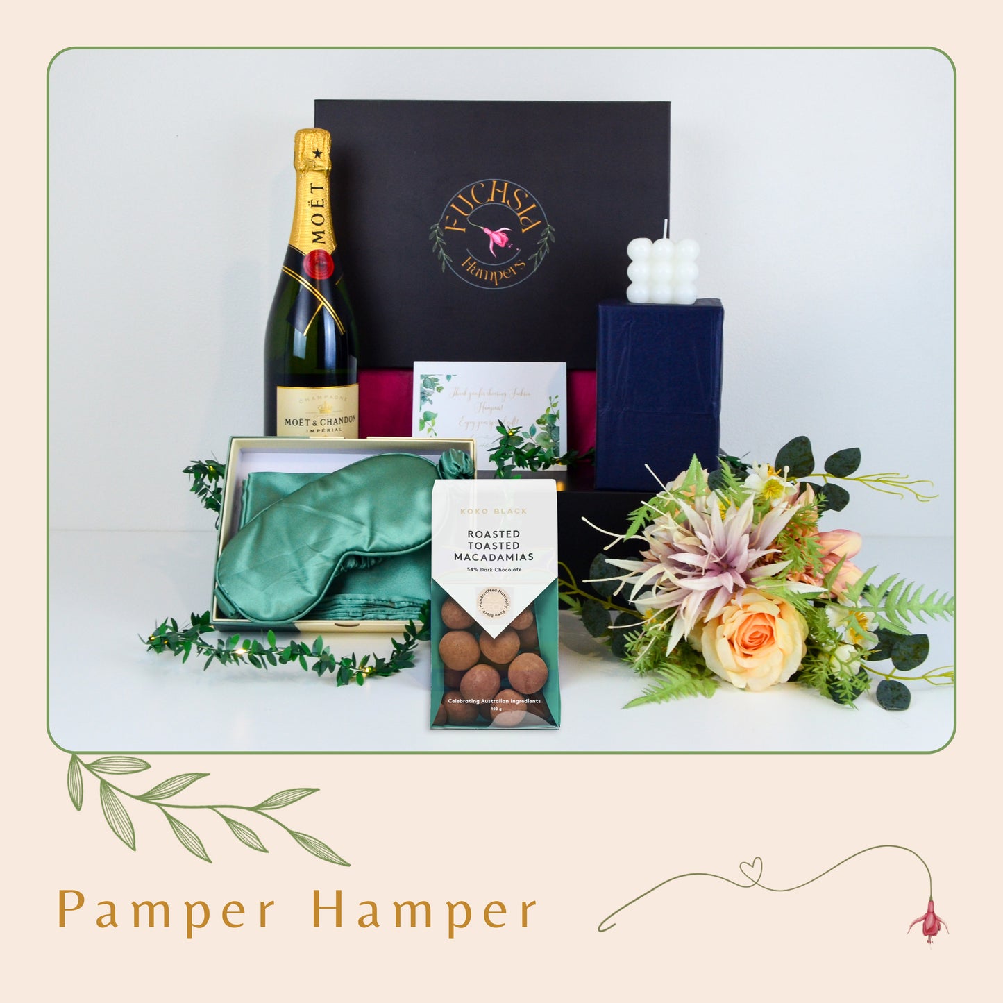 Luxury Hamper with Moët & Chandon Brut, a satin sleep set, Koko Black dark chocolate macadamias & a bubble candle. A perfect pamper gift!