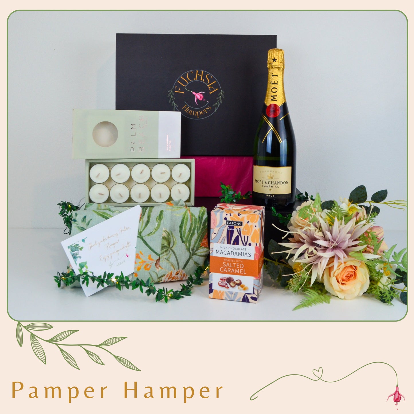 Tranquility Treasure Pamper Hamper with Moët & Chandon, Palm Beach Tealights, Markella Linen Cotton Kimono, and Patons Milk Chocolate Macadamias.