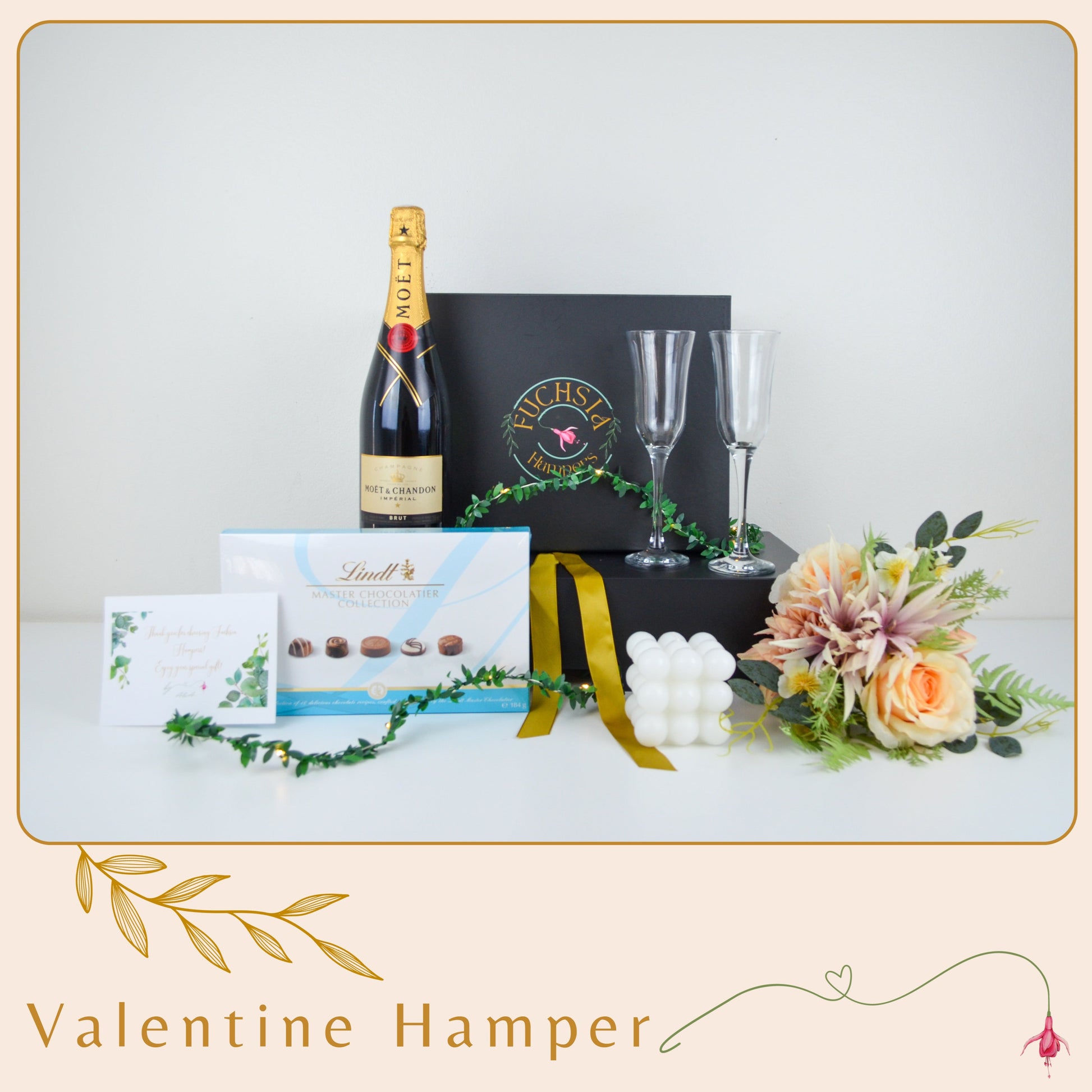 A romantic hamper with Moët & Chandon, Lindt chocolates, champagne flutes & a bubble candle. The perfect way to celebrate love!